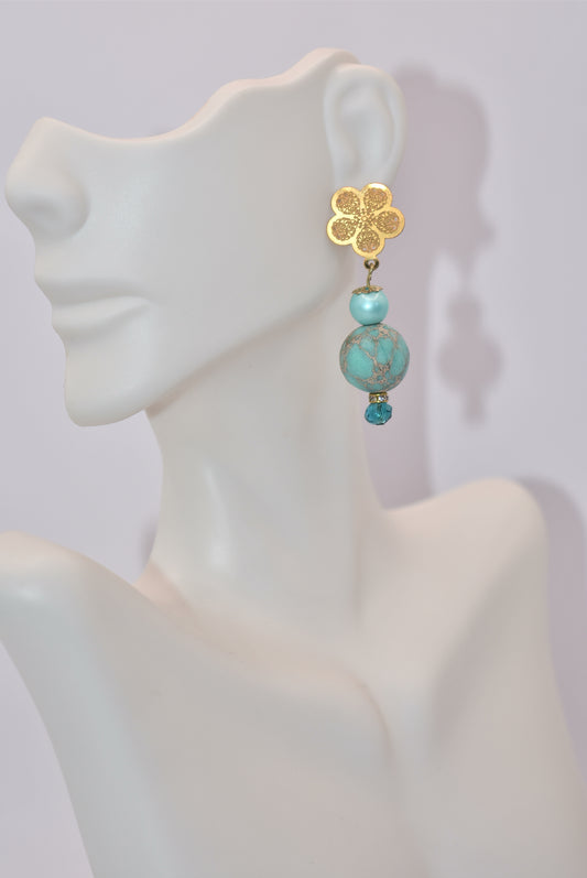 Get ready for adventure? These earrings are ready to go with you.&nbsp; Gold flowered hanging post earrings with aqua pearls, pretty beads and diamond crystal accents bring these beauties together. Nickel free and hypoallergenic for sensitive ears.&nbsp; Super comfortable on the ear.&nbsp; One-of-a-kind-piece.