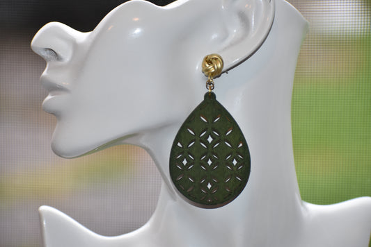 Add some spunk to your look with our Green Collection post earrings! Our fun teardrop pattern in wood hangs from gold plated hypoallergenic knot posts – perfect for any outfit. And don't forget about the sassy army green color! Accessorize your style with these one-of-a-kind stunners!