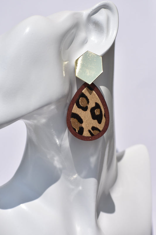 ﻿These earrings are a WOW! Gold posts hold these wood teardrops with a leopard center.  They hang at just the right length and are an eye catcher.  This is a one-of-a-kind piece that's been put together just for you.  